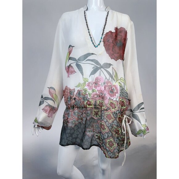 Yuka Beach Floral Embellished Chiffon Tunic Top L White Multicolor Lightweight - Picture 1 of 16